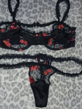 For Love And Lemons Black Sheer Lace Bra & Thong with Red Rose Embroidery